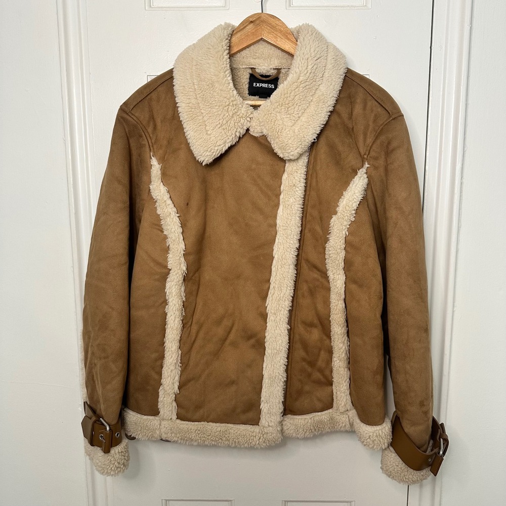 Express Aviator Jacket Brown Faux Suede Shearling Moto Biker Coat Western XL